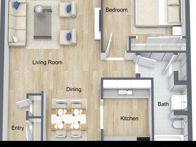 Floor plan for 1 bed, 1 bath, 750 sqft
