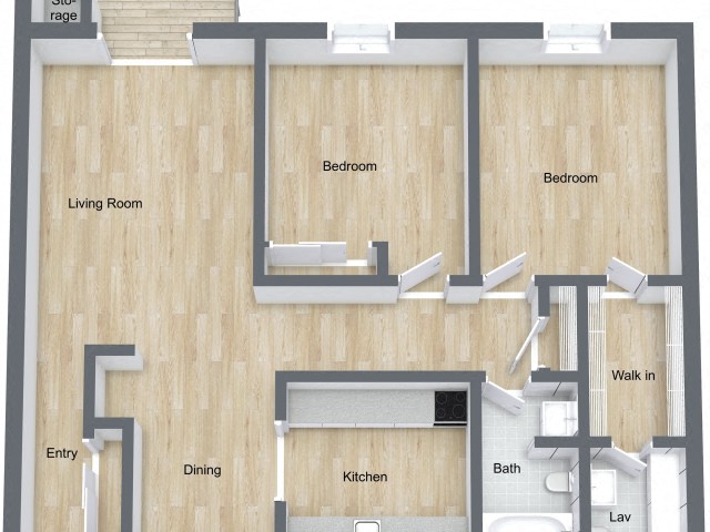 Floor plan for 2 beds, 1.5 baths, 1030 sqft