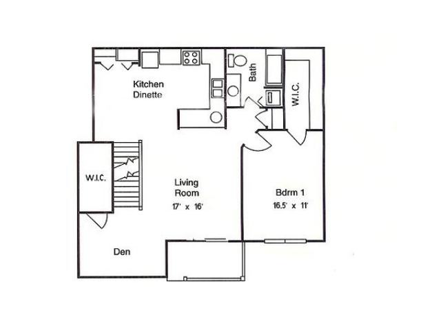 Floor plan for 1 bed, 1 bath, 1000 sqft