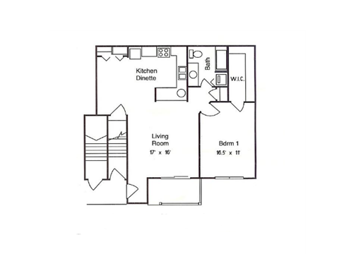 Floor plan for 1 bed, 1 bath, 880 sqft