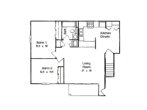 Floor plan for 2 beds, 1 bath, 1050 sqft