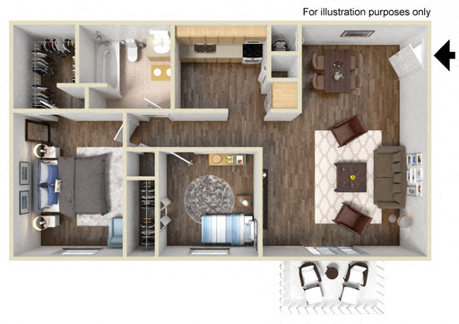 Floor plan for 2 beds, 1 bath, 820 sqft