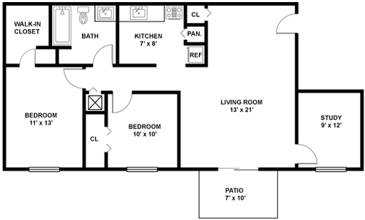 Floor plan for 2 beds, 1 bath, 930 sqft
