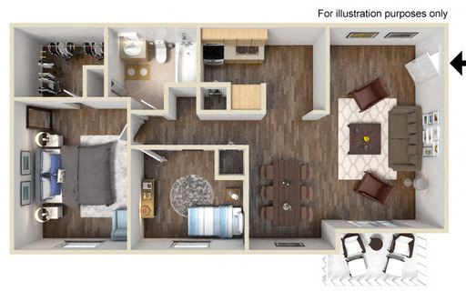 Floor plan for 2 beds, 1 bath, 880 sqft