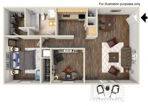 Floor plan for 1 bed, 1 bath, 820 sqft