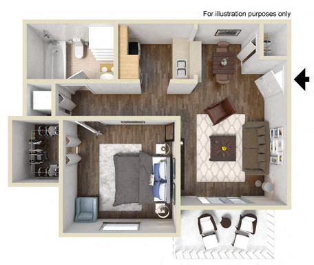 Floor plan for 1 bed, 1 bath, 530 sqft