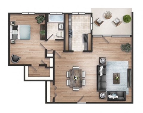 Floor plan for 1 bed, 1 bath, 965 sqft