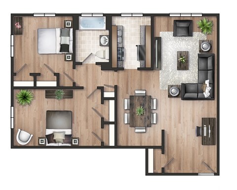 Floor plan for 2 beds, 1 bath, 840 sqft