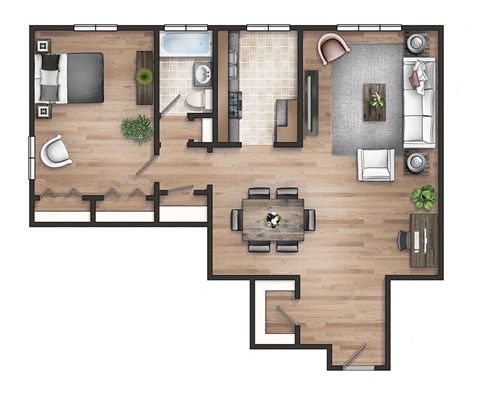 Floor plan for 1 bed, 1 bath, 840 sqft