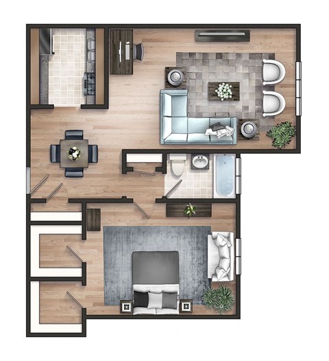 Floor plan for 1 bed, 1 bath, 670 sqft