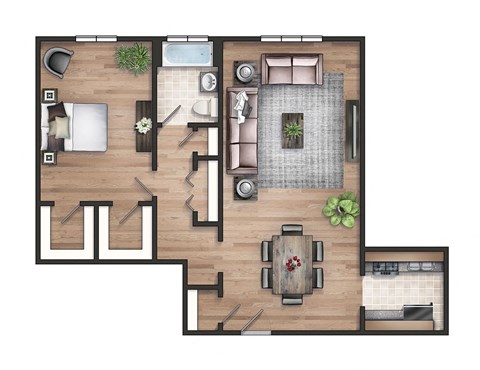 Floor plan for 1 bed, 1 bath, 780 sqft