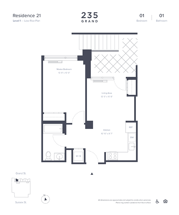 Floor plan for 1 bed, 1 bath, 725 sqft