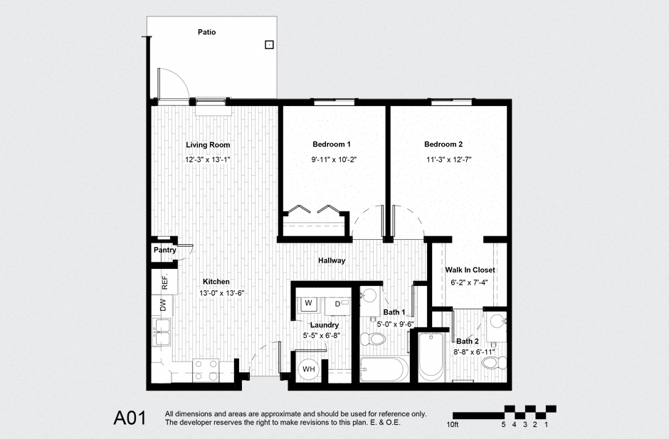 Floor plan for 2 beds, 2 baths, 966 sqft