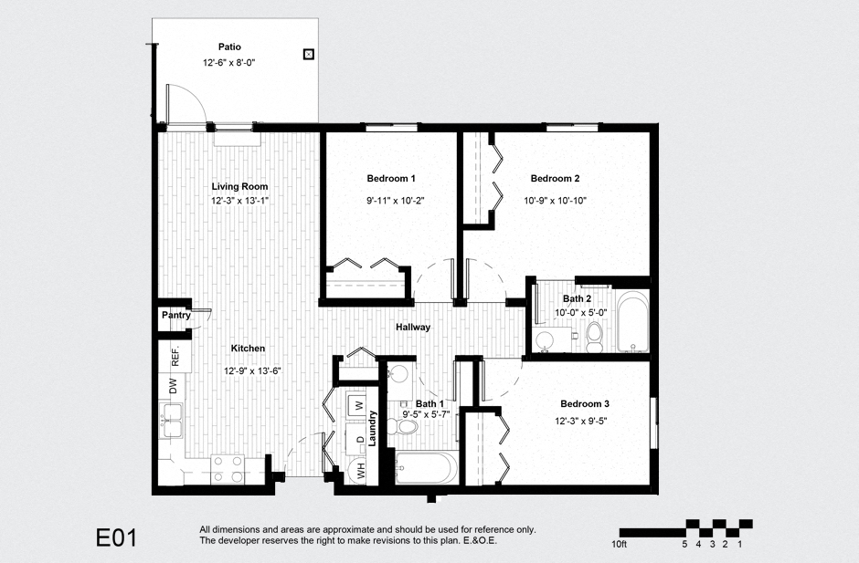 Floor plan for 3 beds, 2 baths, 1047 sqft