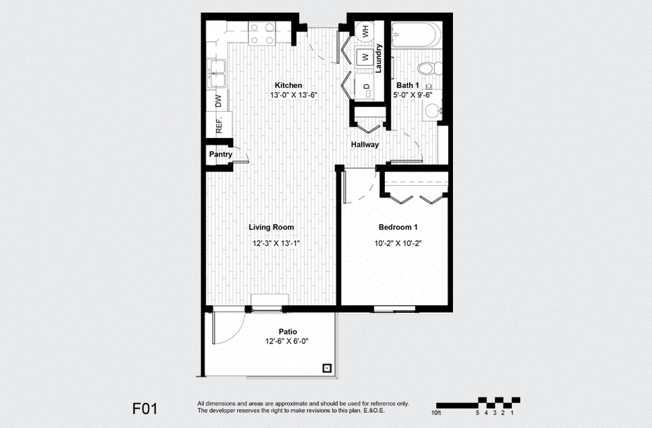 Floor plan for 1 bed, 1 bath, 652 sqft