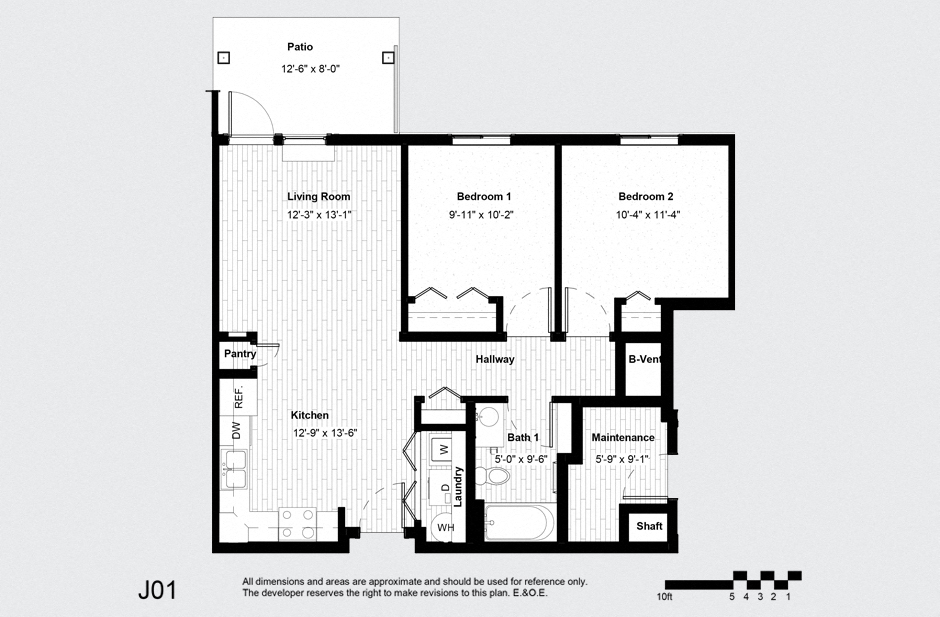 Floor plan for 2 beds, 1 bath, 861 sqft