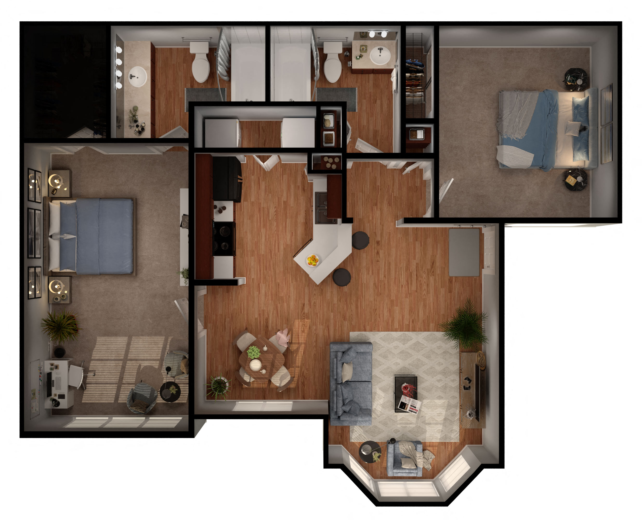 Floor plan for 2 beds, 2 baths, 1024 sqft