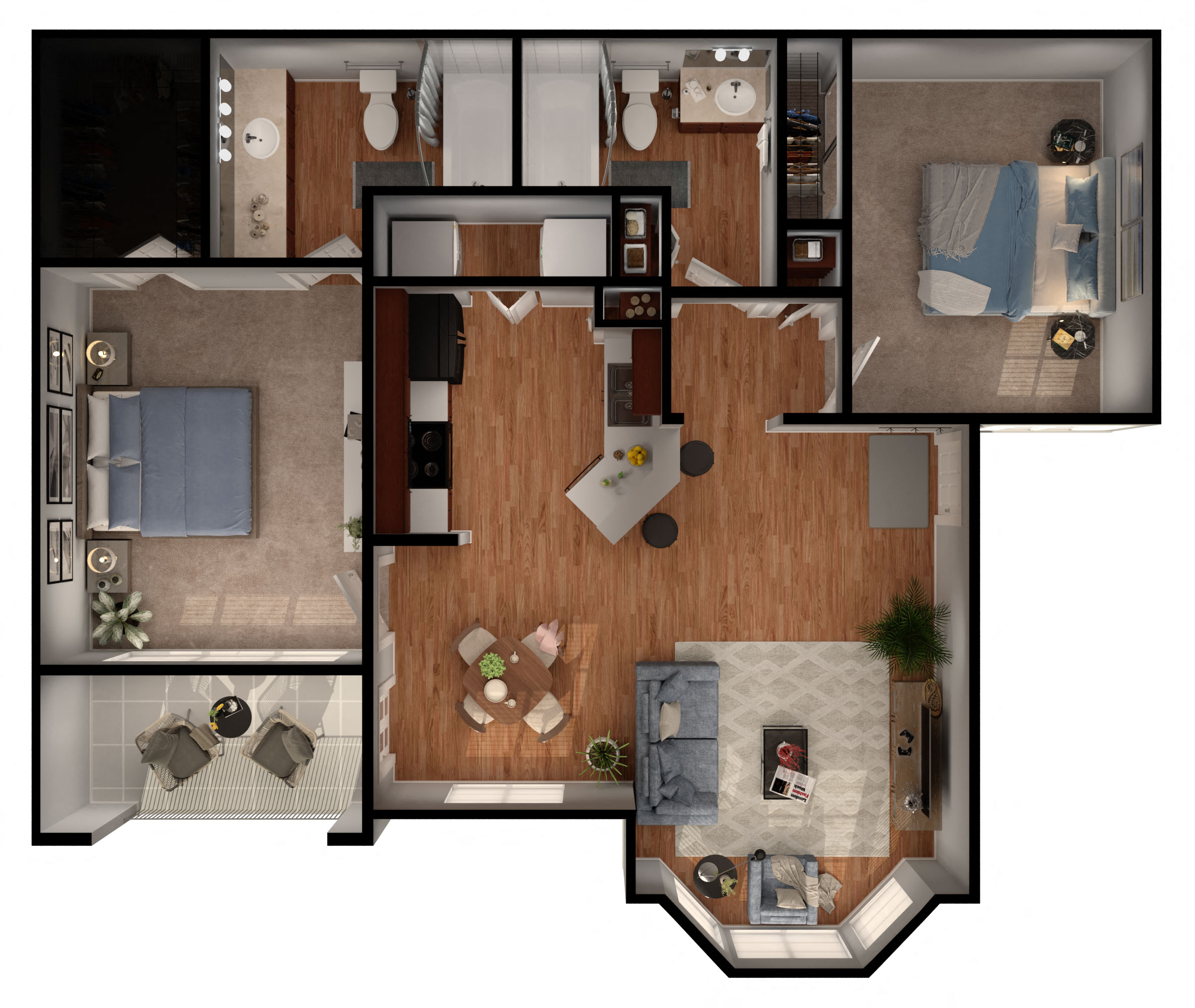 Floor plan for 2 beds, 2 baths, 956 sqft