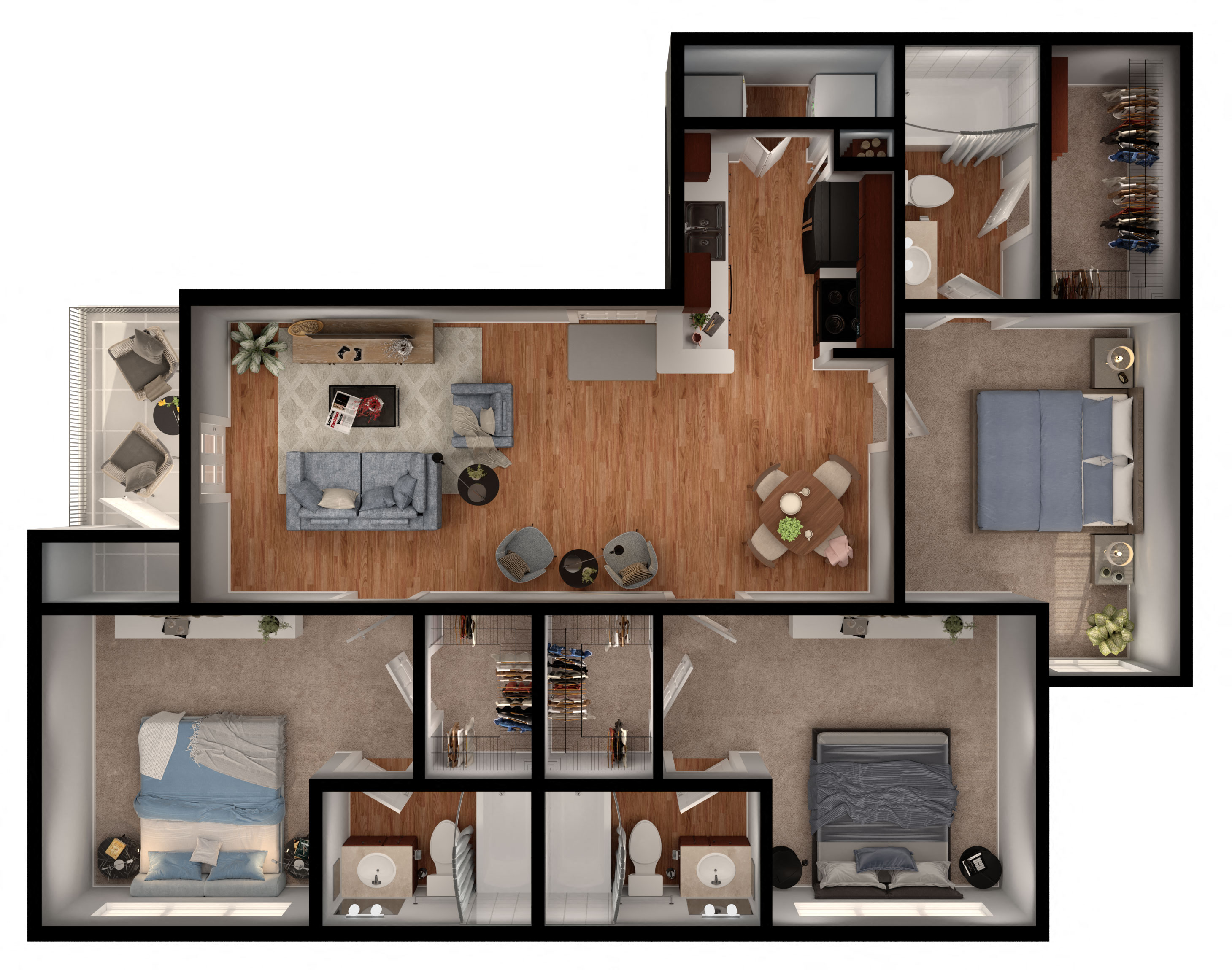 Floor plan for 3 beds, 3 baths, 1308 sqft