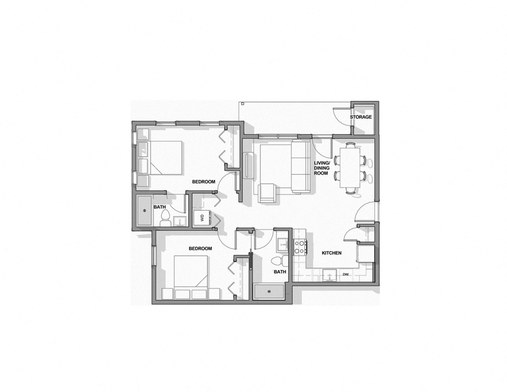 Floor plan for 2 beds, 2 baths, 858 sqft