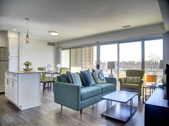 Annapolis apartment for rent - A living room with a green couch and a wooden floor.