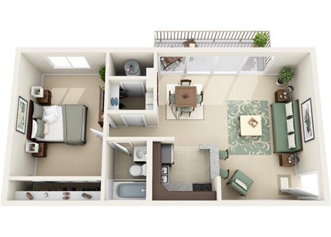 Floor plan for 1 bed, 1 bath, 630 sqft