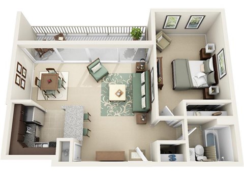 Floor plan for 1 bed, 1 bath, 633 sqft
