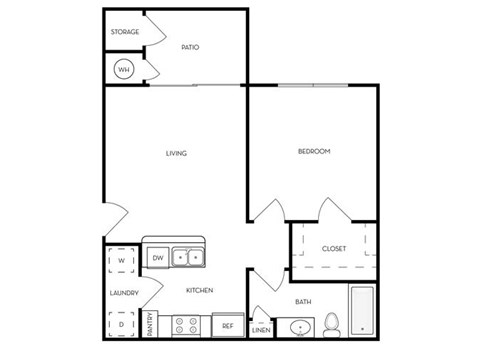 Floor plan for 1 bed, 1 bath, 722 sqft