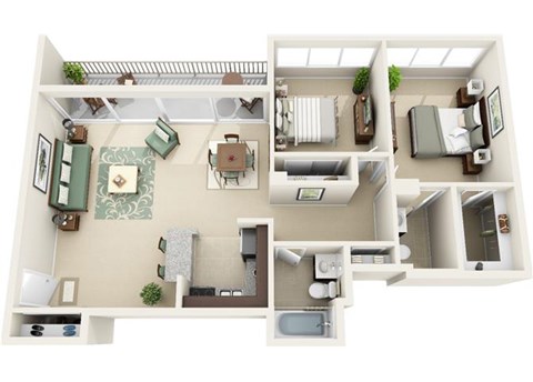 Floor plan for 2 beds, 1 bath, 878 sqft