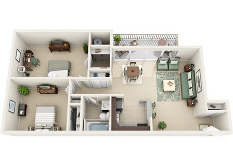 Floor plan for 2 beds, 1 bath, 890 sqft