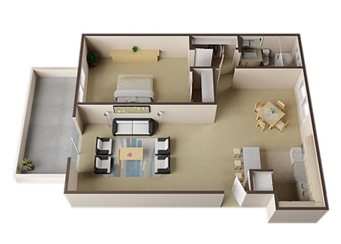 Floor plan for 1 bed, 1 bath, 717 sqft