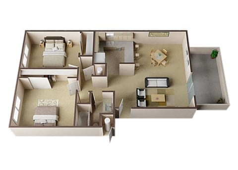 Floor plan for 2 beds, 1 bath, 854 sqft