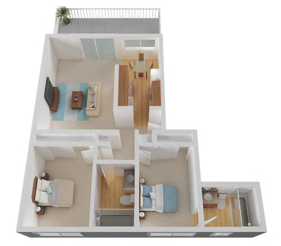 Floor plan for 2 beds, 2 baths, 1100 sqft
