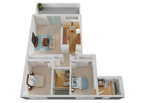 Floor plan for 2 beds, 2 baths, 1050 sqft