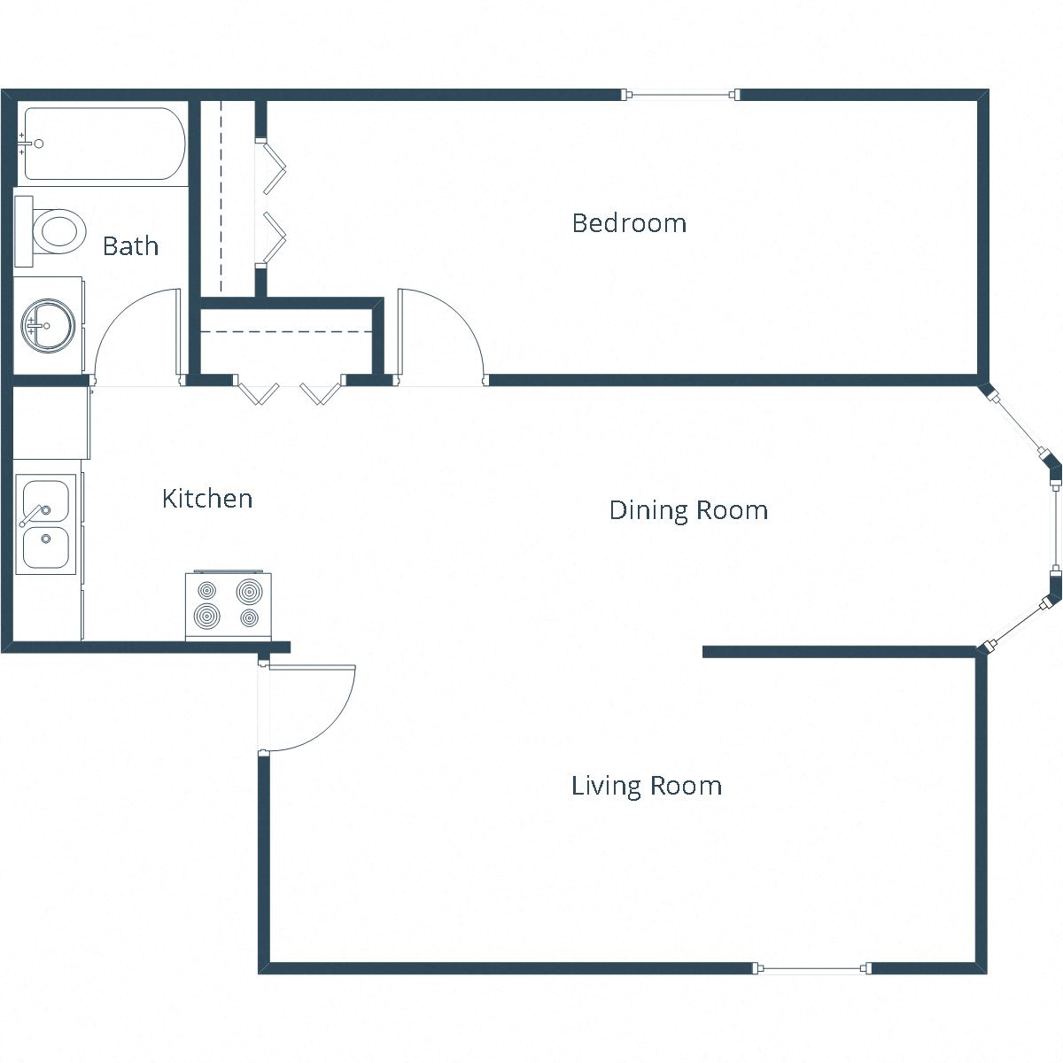 Floor plan for 1 bed, 1 bath, 500 sqft