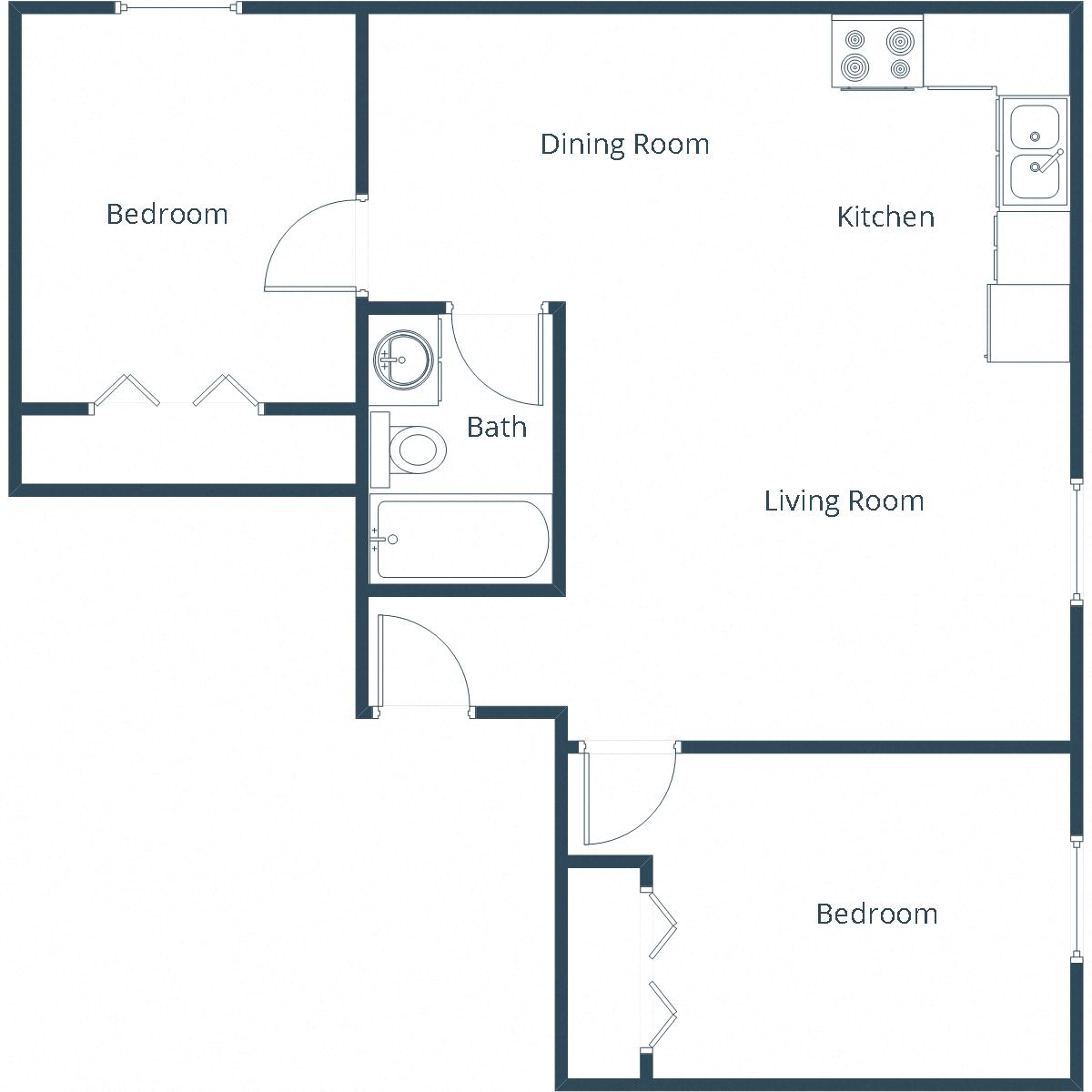 Floor plan for 2 beds, 1 bath, 650 sqft