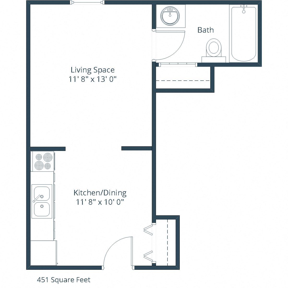 Floor plan for studio, 1 bath, 451 sqft