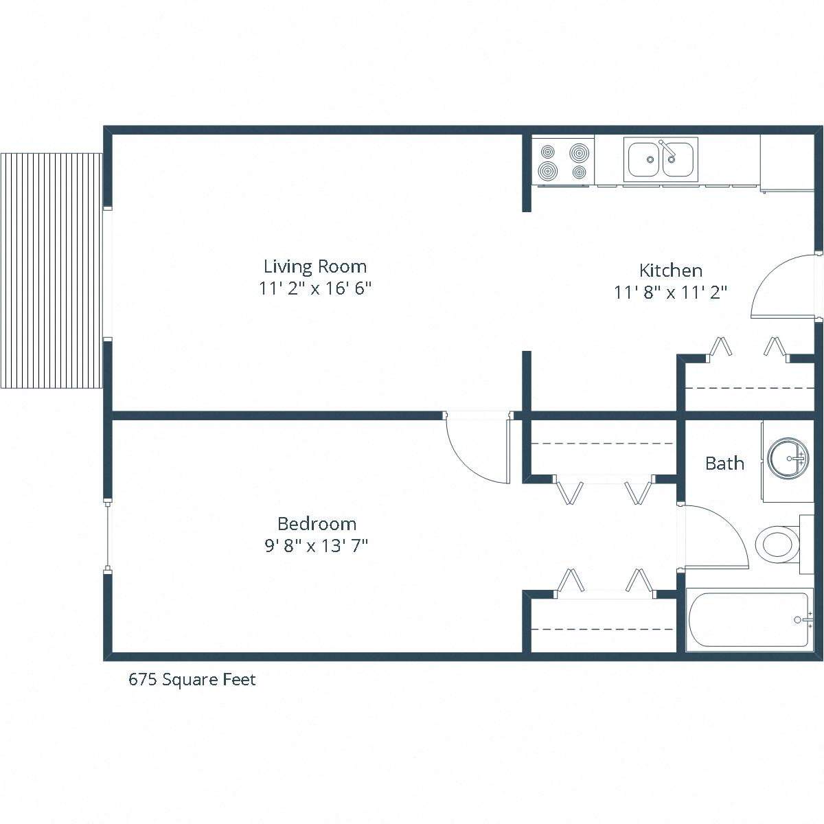 Floor plan for 1 bed, 1 bath, 675 sqft