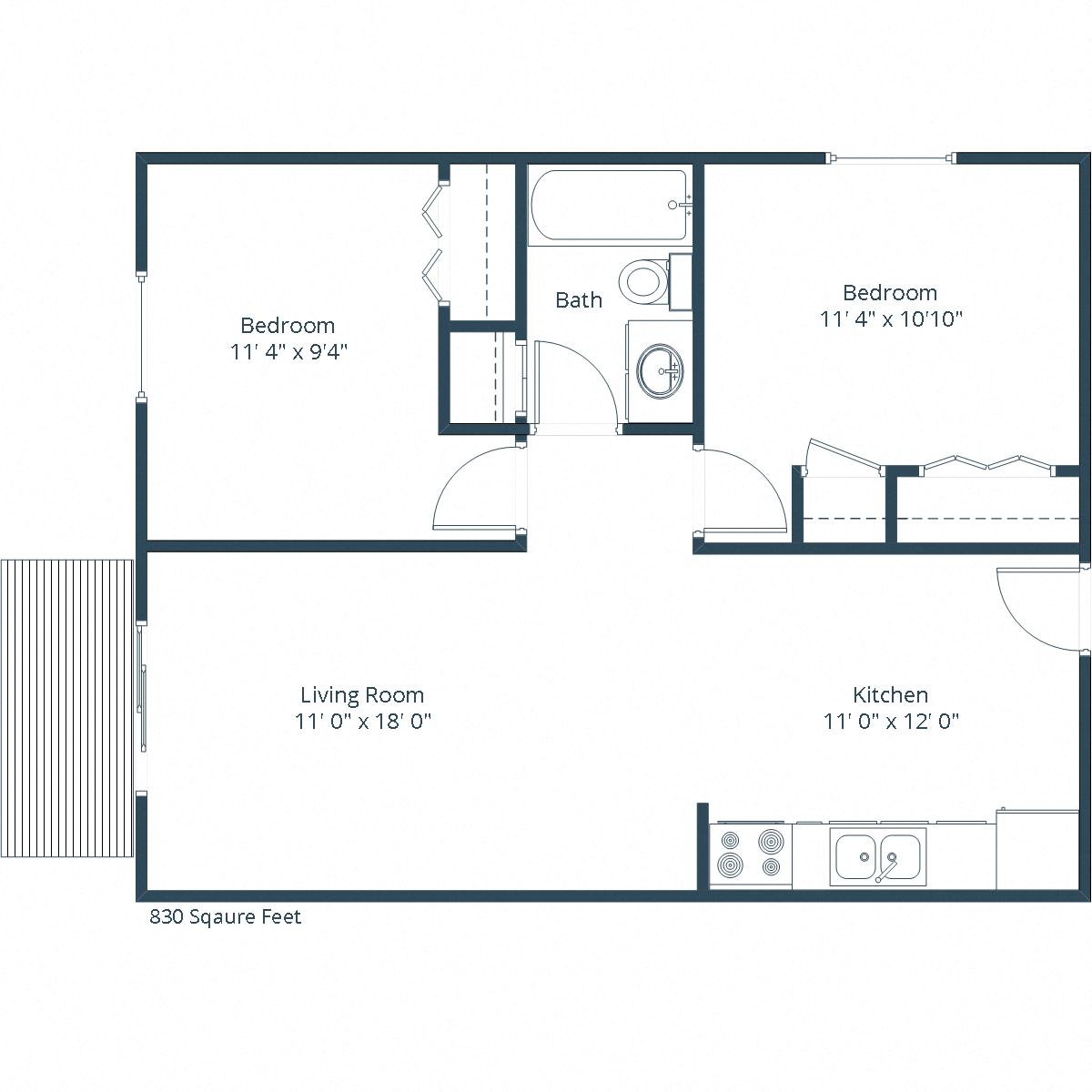 Floor plan for 2 beds, 1 bath, 830 sqft