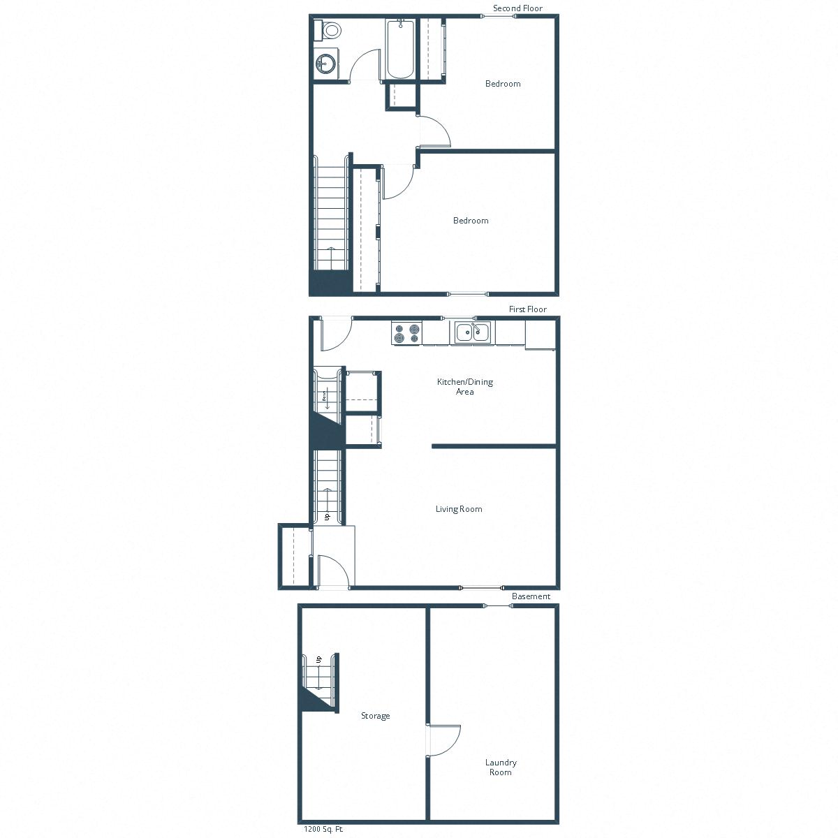 Floor plan for 2 beds, 1 bath, 1200 sqft