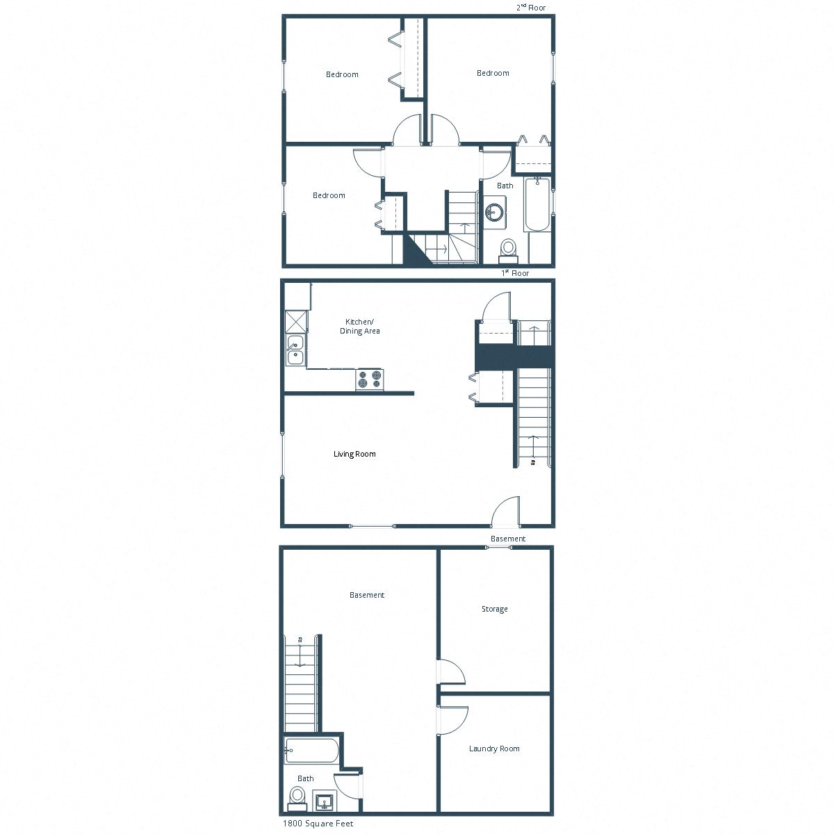 Floor plan for 3 beds, 2 baths, 1800 sqft
