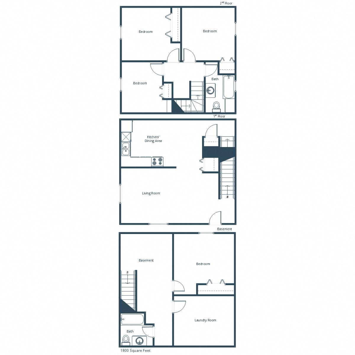 Floor plan for 4 beds, 2 baths, 1800 sqft