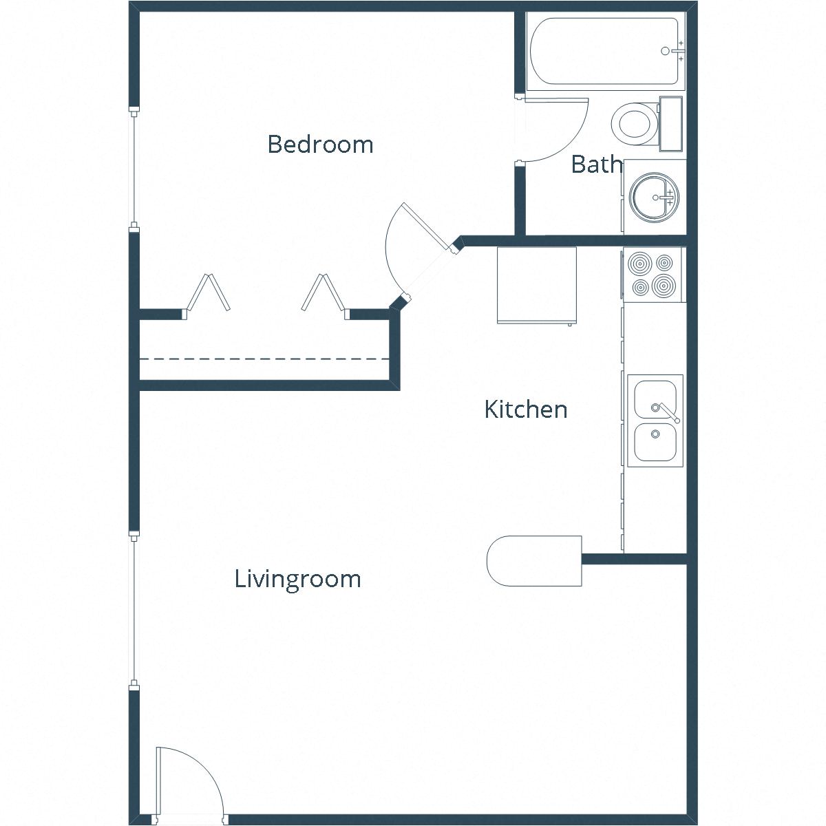 Floor plan for 1 bed, 1 bath, 500 sqft