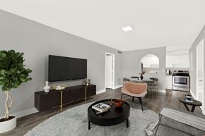 N. Miami apartment for rent - A modern living room with a flat screen TV, a sofa, a chair, a coffee table, and a potted plant.