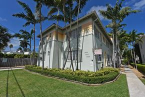 Miami Beach apartment for rent - a small building with palm trees in front of it