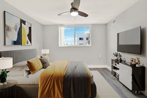 Miami Beach apartment for rent - A bedroom with a bed covered in a yellow blanket and a ceiling fan.