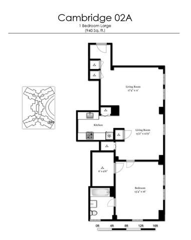 Floor plan for 1 bed, 1 bath, 940 sqft