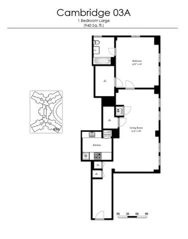 Floor plan for 1 bed, 1 bath, 940 sqft