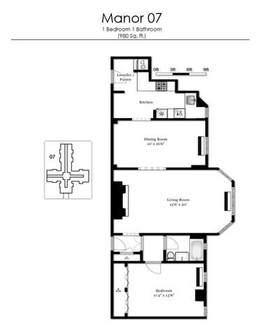 Floor plan for 1 bed, 1 bath, 980 sqft