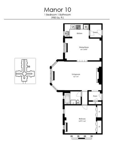 Floor plan for 1 bed, 1 bath, 687 sqft